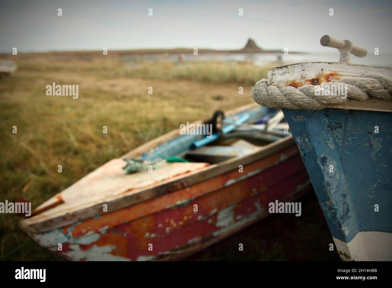 Alte Holzboote, mit dem Lindisfarne Castle aus dem 16. Jahrhundert in der Ferne, Holy Island, Northumberland, Großbritannien. Stockfoto