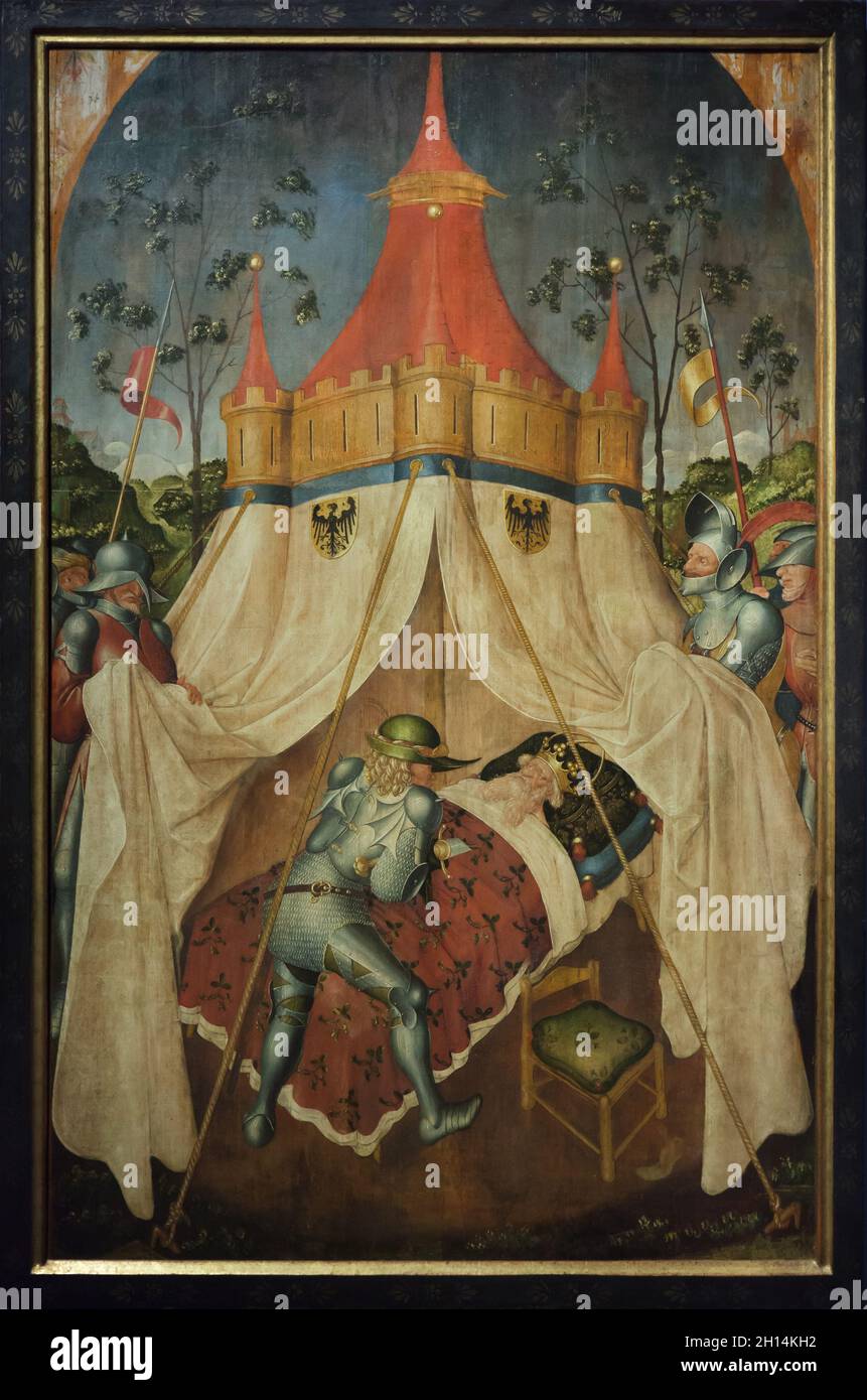 Mord an Philipp dem Araber auf der Tafel der Tegernsee Tabula Magna des deutschen mittelalterlichen Malers Gabriel Angler (1445), ausgestellt in der Ausstellung "Spätgotik" in der Berliner Gemäldegalerie in Berlin. Philipp der Araber war von 244 bis 249 römischer Kaiser. Bei der Schlacht von Verona im September 249 wurde er verraten und getötet. Der heilige Quirinus von Rom, auch bekannt als Quirinus von Tegernsee, war laut einer legendären Darstellung der Sohn Philipps des Arabers. Stockfoto