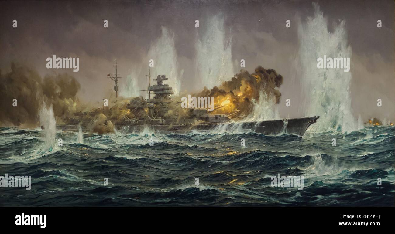 Gemälde „Letzte Schlacht der Bismarck“ des deutschen Malers Claus Bergen (1949) in der Ausstellung „göttlich begabt“ im Gеrmаn Нistоrical Мusеum (Dеutschеs Нistоrischеs Мusеum) in Веrlin, Gеrmany. Das Gemälde zeigt das deutsche Schlachtschiff Bismarck am 27. Mai 1941, wenige Stunden bevor es von der Royal Navy im Nordatlantik versenkt wurde. Die Ausstellung mit dem Titel „göttlich begabt“ widmet sich den bevorzugten Künstlern des Nationalsozialismus in der Bundesrepublik Deutschland und läuft bis zum 5. Dezember 2021. Stockfoto