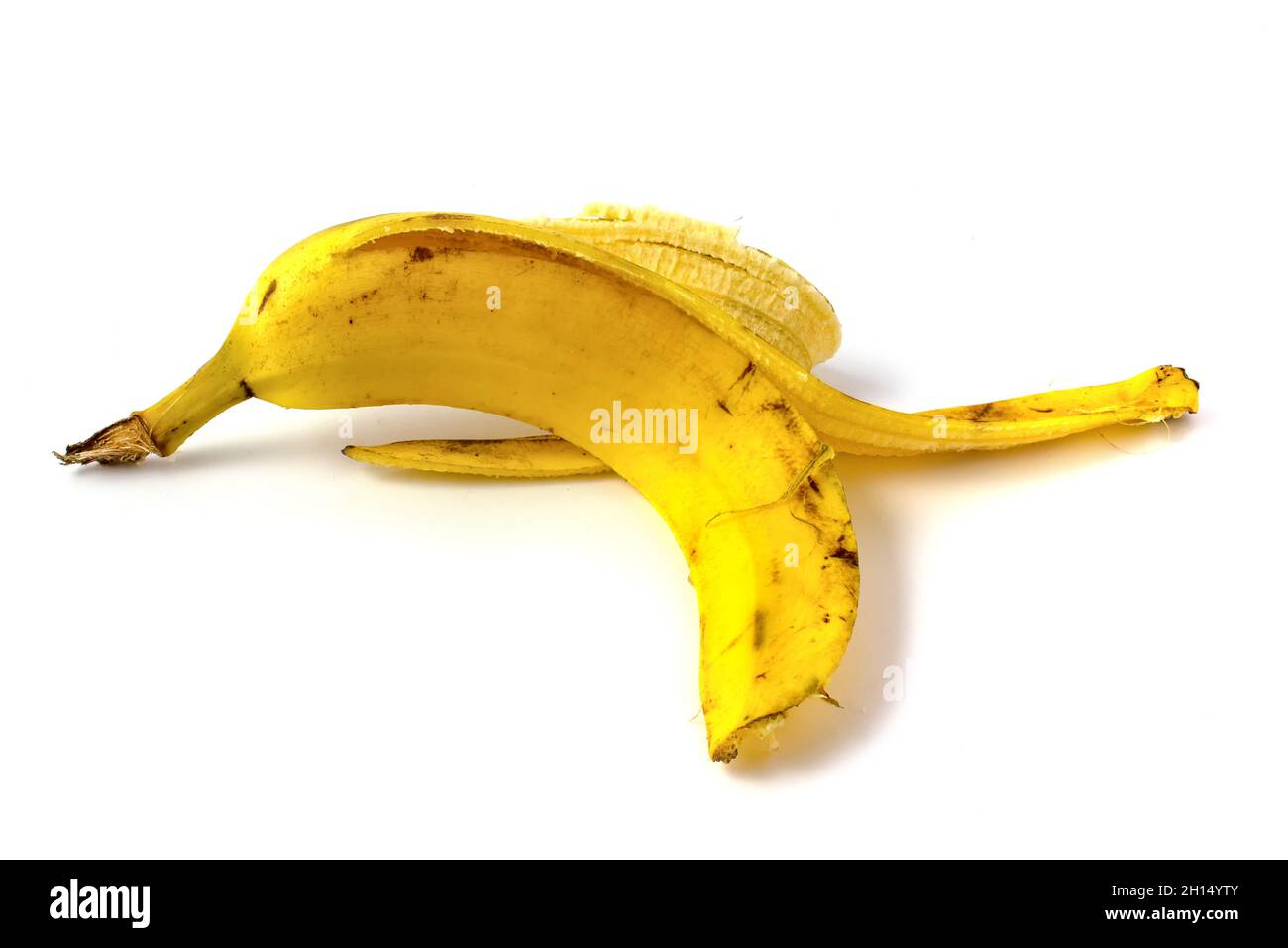 Bananenschale isoliert auf weißem Hintergrund. Organische Abfälle, die sortiert werden müssen Stockfoto