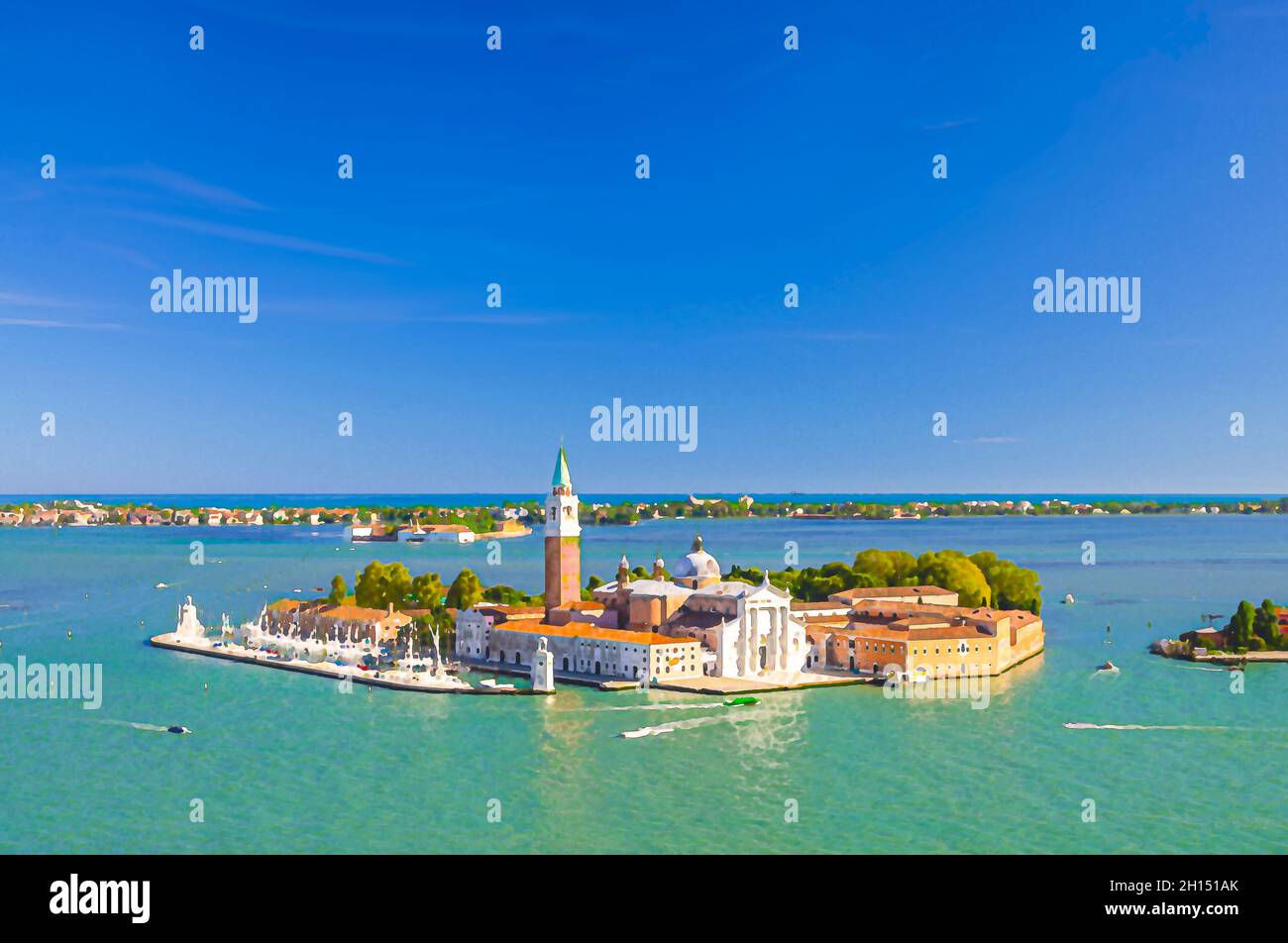 Aquarellzeichnung von Luftpanorama der Insel San Giorgio Maggiore mit Campanile San Giorgio in der Lagune von Venedig, Segelboote in Giudecca Ca Stockfoto