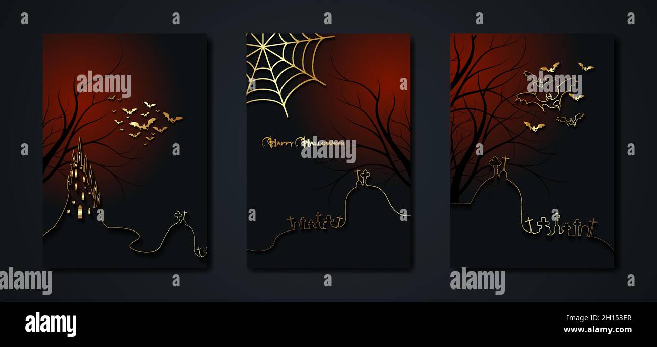 Halloween-Party, Set Gold Karten gruselig dunklen Hintergrund, Silhouetten von Charakteren und gruselige Fledermäuse mit Gothic Haunted Castle, Horror Thema Konzeptkarte Stock Vektor