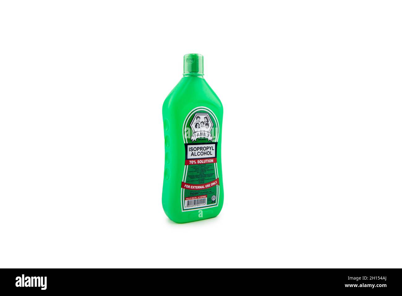 Familie Isopropylalkohol für Corona-Virus oder Covid-19-Schutzgelbotte auf isoliertem Hintergrund. Stockfoto
