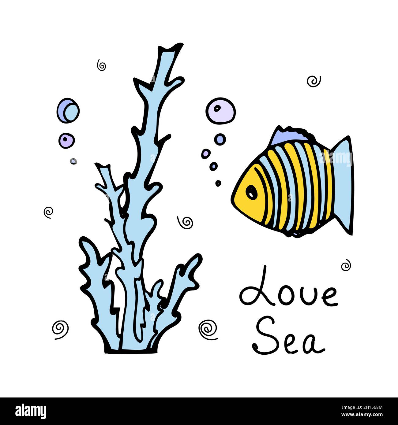 Farbige Fische mit Luftblasen in der Nähe der Algen. Doodle-Stil mit Schriftzug. Phrase Liebe das Meer. Stock Vektor