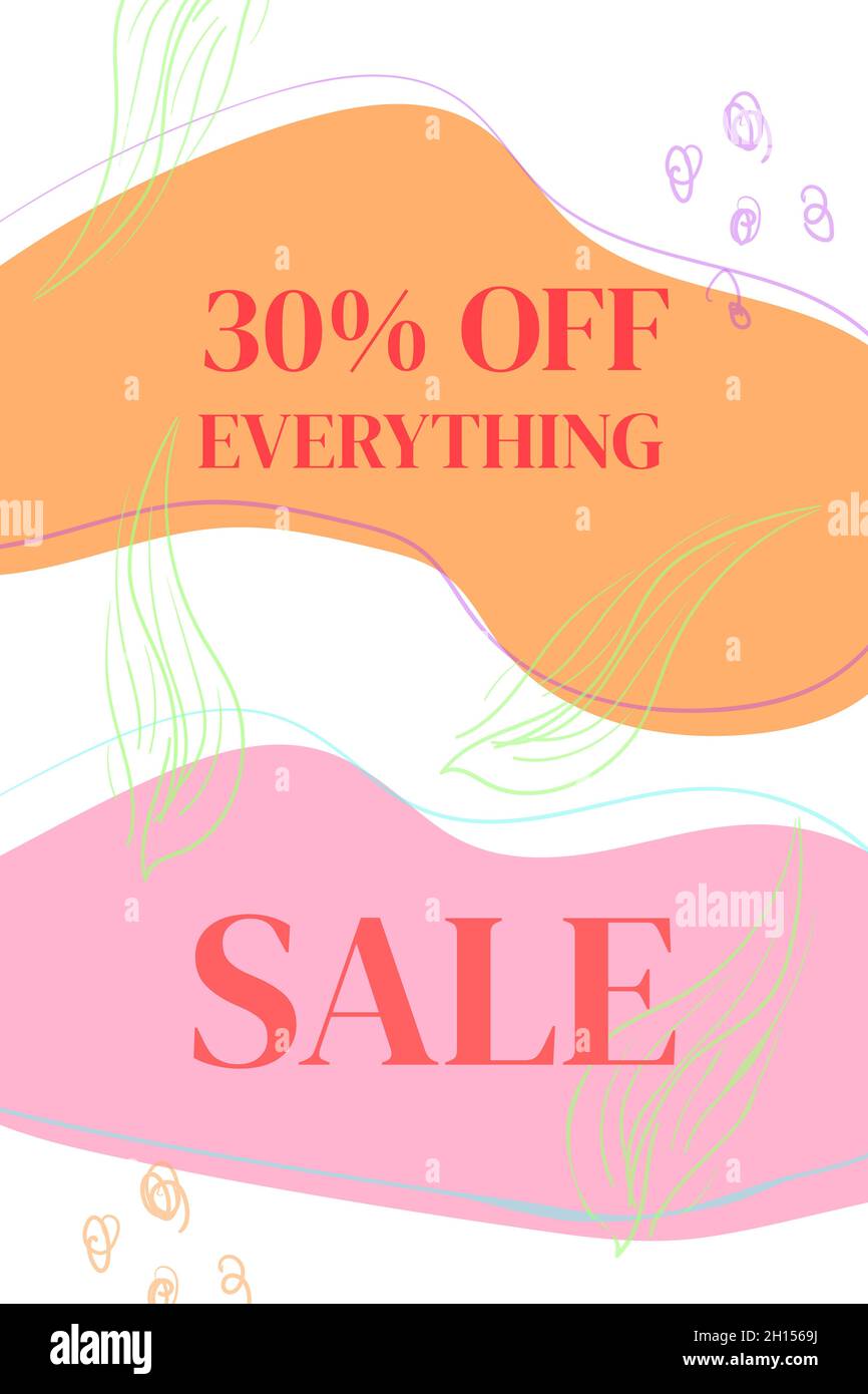Vektor-Illustration eines Banners mit 30 Rabatt auf alles, was in orange und rosa abstrakten Formen geschrieben. Stock Vektor