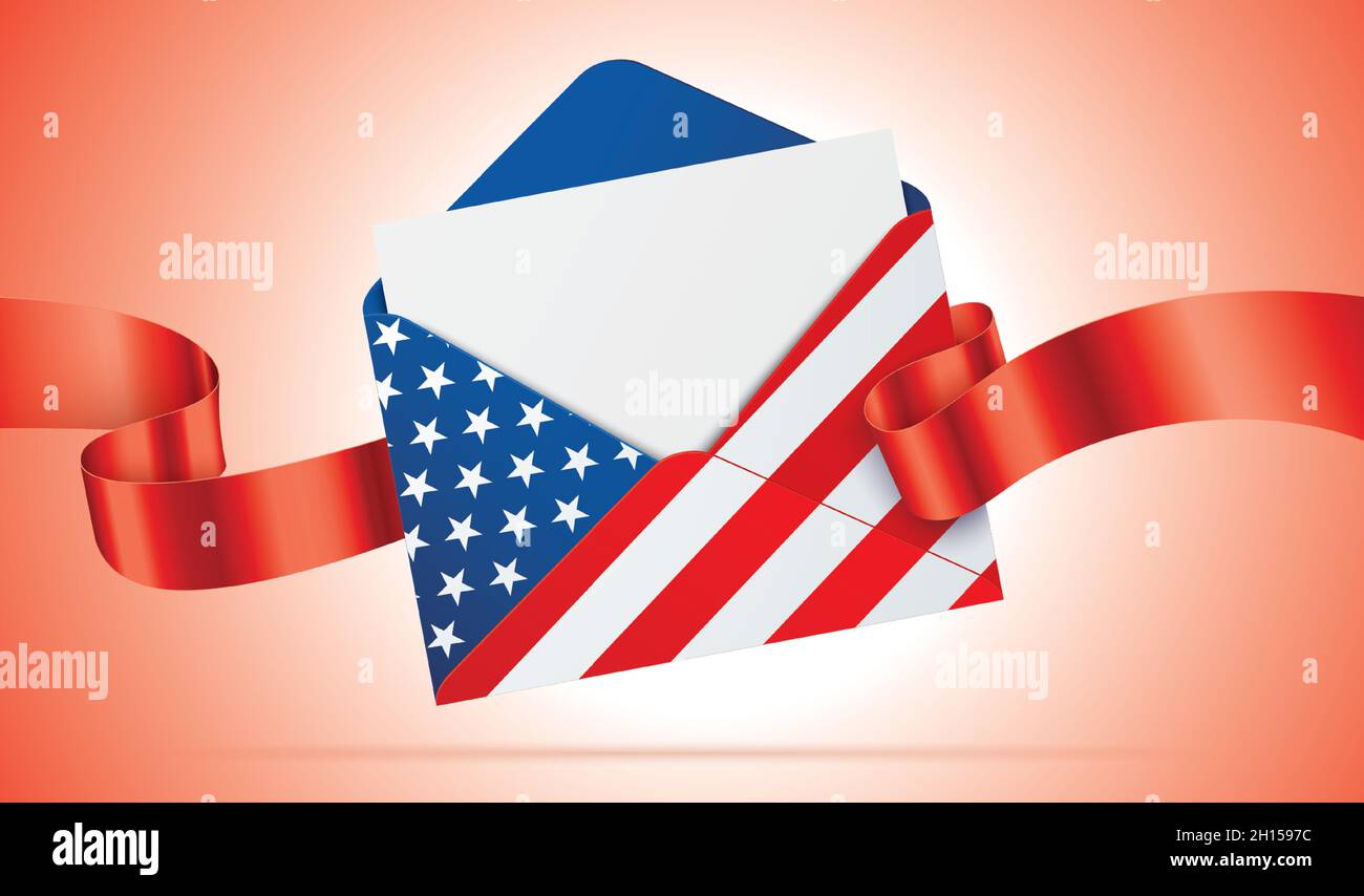 Umschlag mit USA-Flaggendruck und rotem Satinband, fliegend auf rotem Hintergrund. Offizielle, patriotische Botschaft der US-Regierung, Konzeptvektor-Illustration mit Kopierraum. Stock Vektor