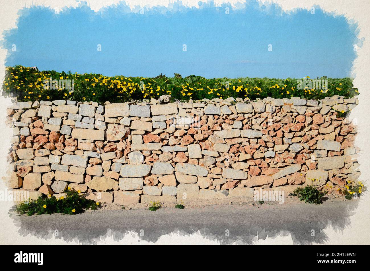 Aquarell-Zeichnung von Steinziegel gelb orange Wand entlang Asphalt Straße und Kamille Kamille Feld oben und blauen Himmel in der Nähe von Dingli Cliffs, Malta Stockfoto