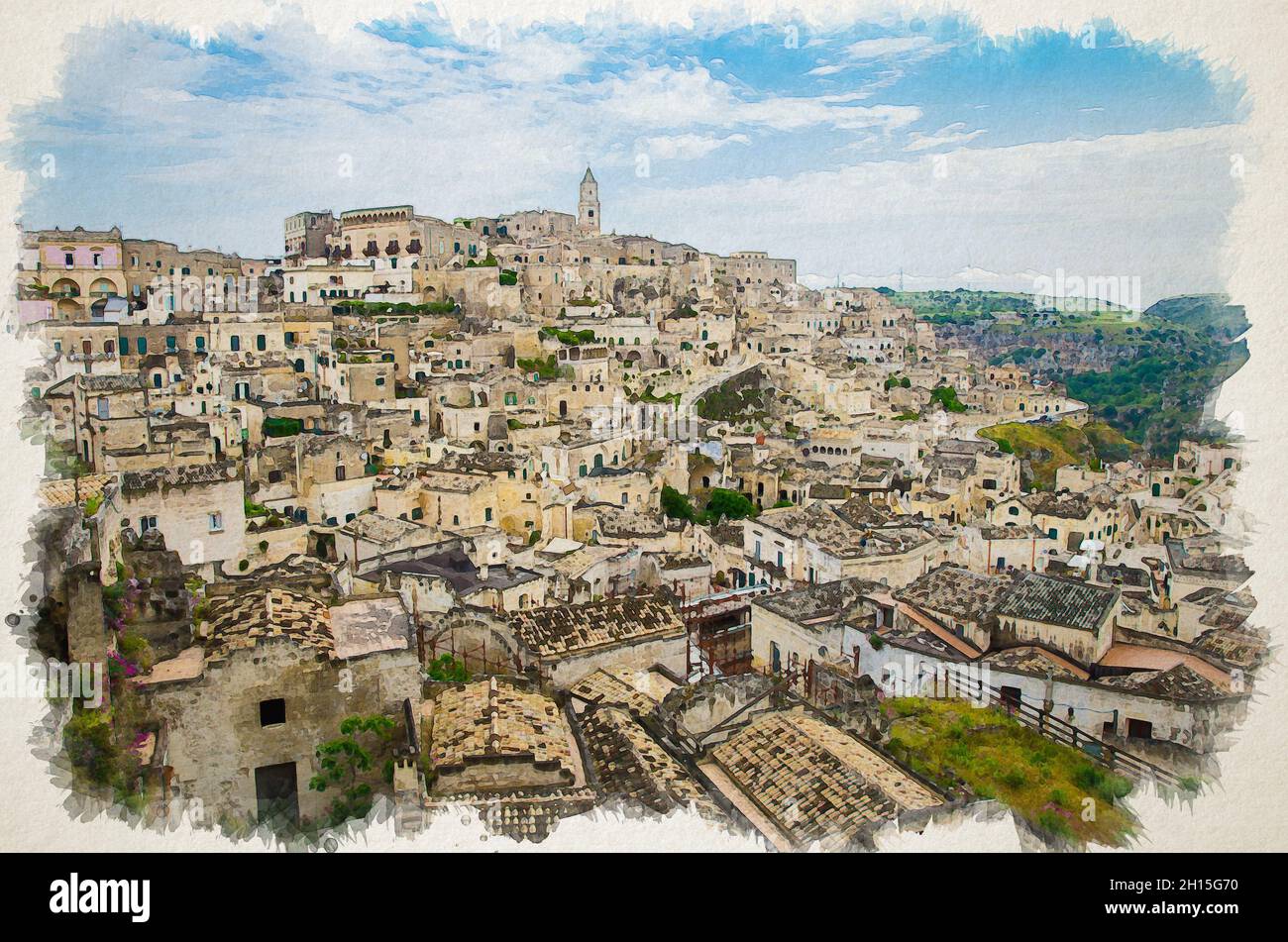 Aquarell Zeichnung von Matera Panoramablick auf das historische Zentrum Sasso Caveoso der alten antiken Stadt Sassi di Matera mit Felshöhlenhäusern, UNESCO World Stockfoto