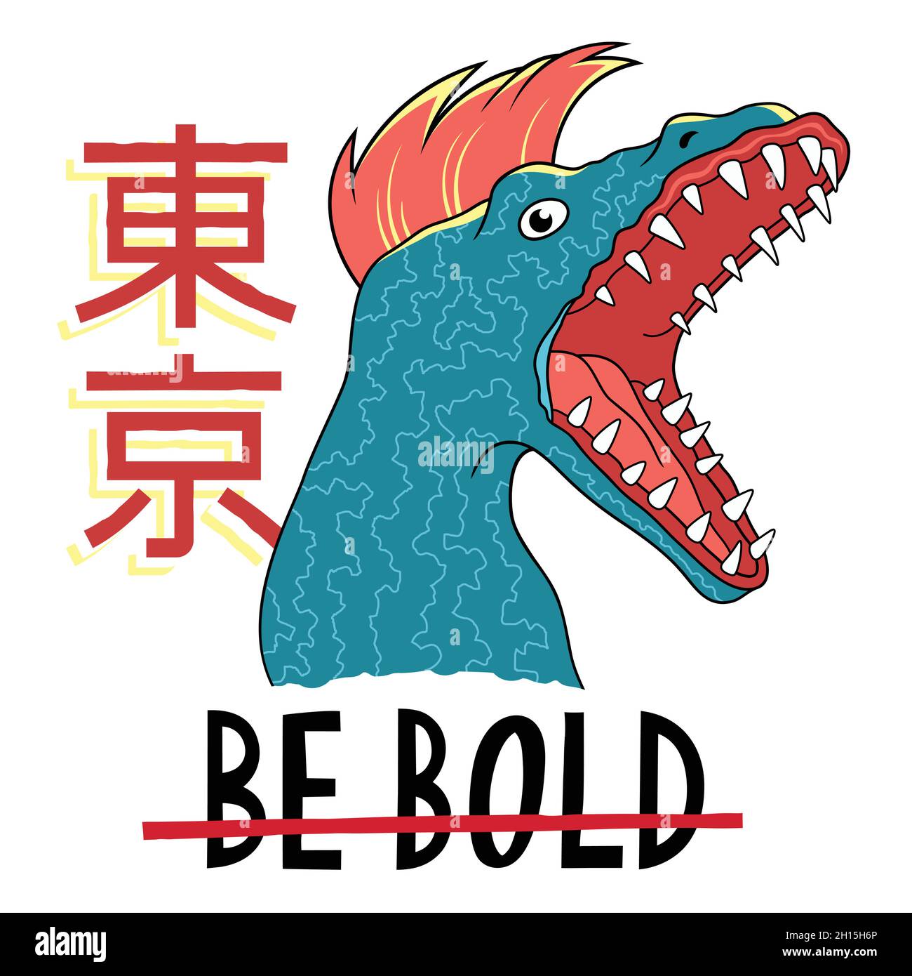 Cartoon Dinosaurier Vektor Illustration für Shirt-Design. Hieroglyphen - Tokio Stock Vektor