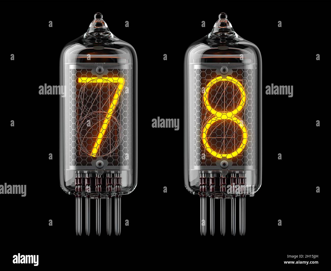 Nixie-Röhrenanzeige. Nummer 7 sven und 8 Acht auf schwarzem Hintergrund. 3d-Illustration Stockfoto