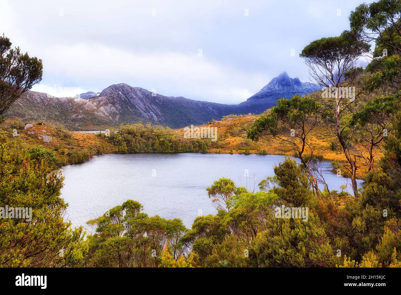 Lake Lilla im Cradle Mountain Nationalpark neben Dove Lake auf der Rundstrecke um den See und den Berg. Stockfoto