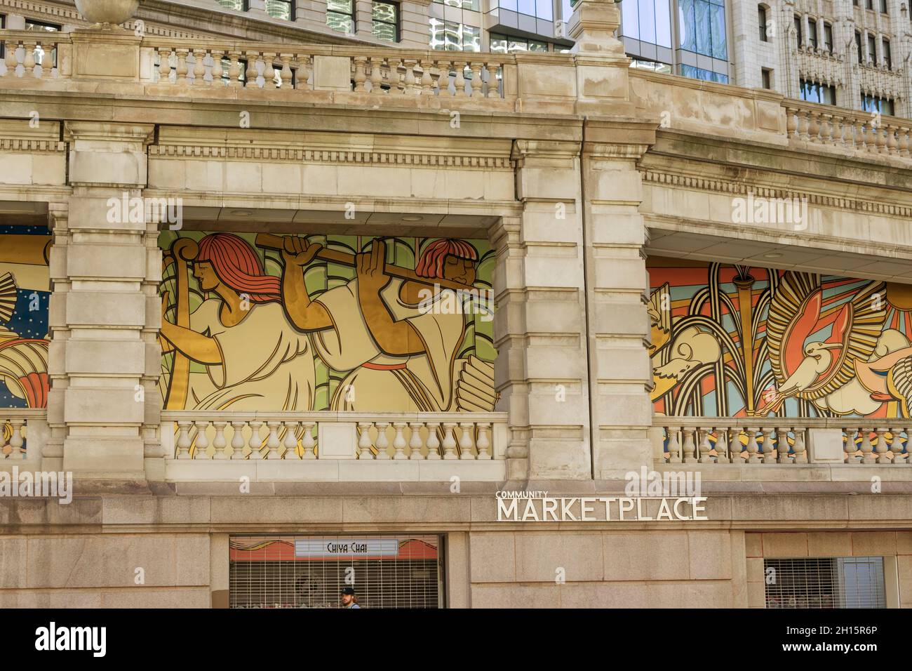 Wandgemälde im Community Marketplace am Chicago Riverwalk in der Innenstadt von Chicago, Illinois Stockfoto
