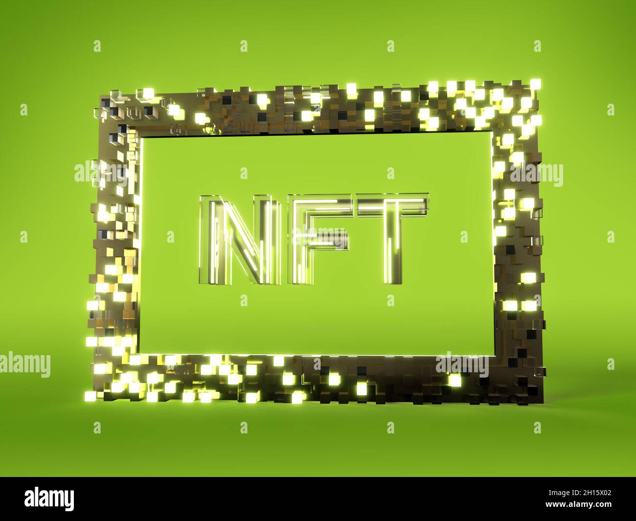 Ein goldener Bilderrahmen um das Wort NFT, für nicht-fungible Marke Stockfoto