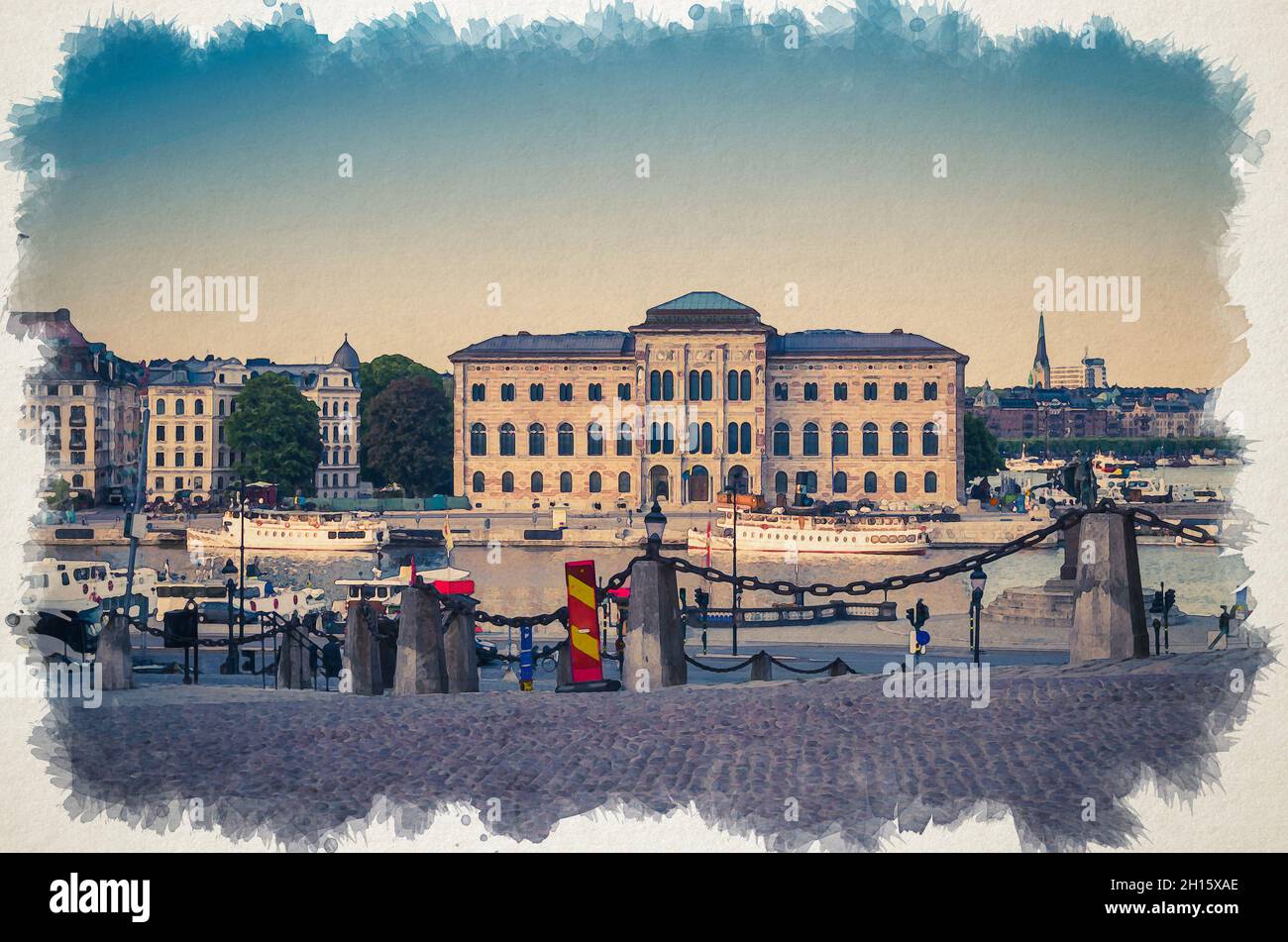 Aquarellzeichnung des Nationalmuseums der Schönen Künste Gebäude des Nationalmuseums auf der Halbinsel Blasieholmen im Stadtzentrum in der Nähe des Malaren-Sees, Stockfoto