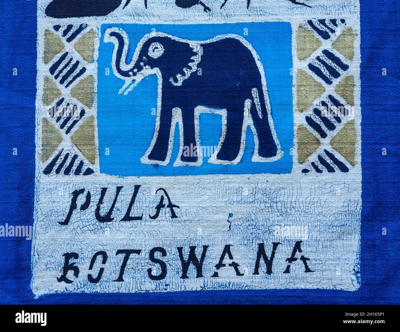 Textur auf einem Textilmaterial pula Botswana, in Setswana pula bedeutet Hallo, Geld und Regen Stockfoto