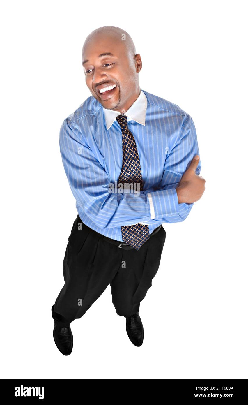 Der Mann im blauen Hemd mit Krawatte isoliert auf weißem Stockfoto