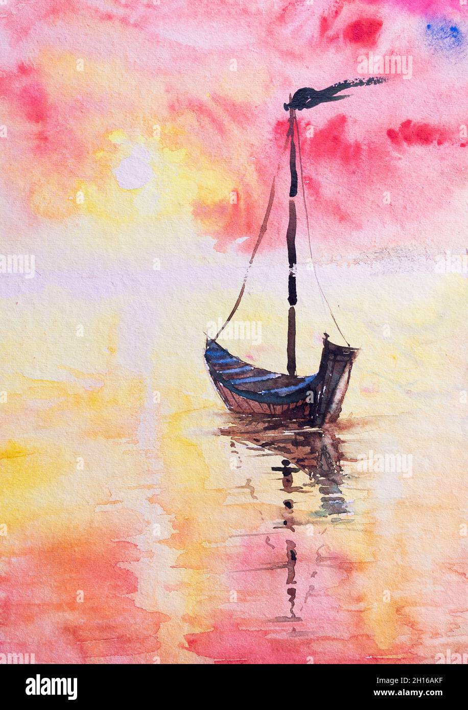 Aquarell eines Bootes auf dem Fluss mit aufgehender Sonne im Hintergrund. Stockfoto