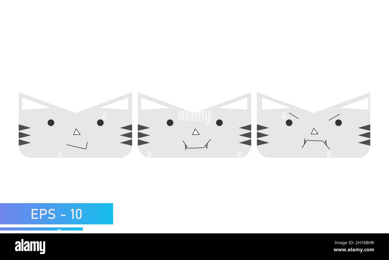 Einfache Katze oder Tiger Gesicht mit Emotionen, Lächeln, Vampir, wütend. Symbol. Isoliert auf weißem Hintergrund. Flache Vektorgrafik. Stock Vektor