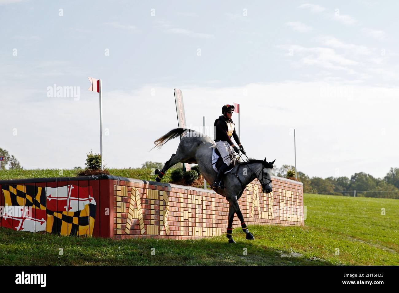 Fair Hill, MD, USA. Oktober 2021. 16. Oktober 2021: Doug Payne (USA) an Bord von Camarillo tritt am 16. Oktober 2021 während des Cross Country Tests auf dem Niveau 3* während des Maryland Five-Star in der Fair Hill Special Event Zone in Fair Hill, Maryland, an. Jon Durr/Eclipse Sportswire/CSM/Alamy Live News Stockfoto