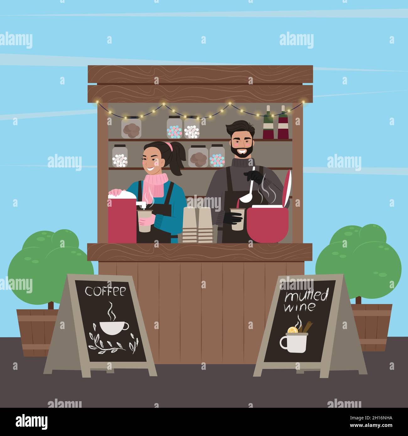 Die Theken Stehen. Stall mit Kaffee und Glühwein. Der Typ und das Mädchen verkaufen. Vektorgrafik Stock Vektor