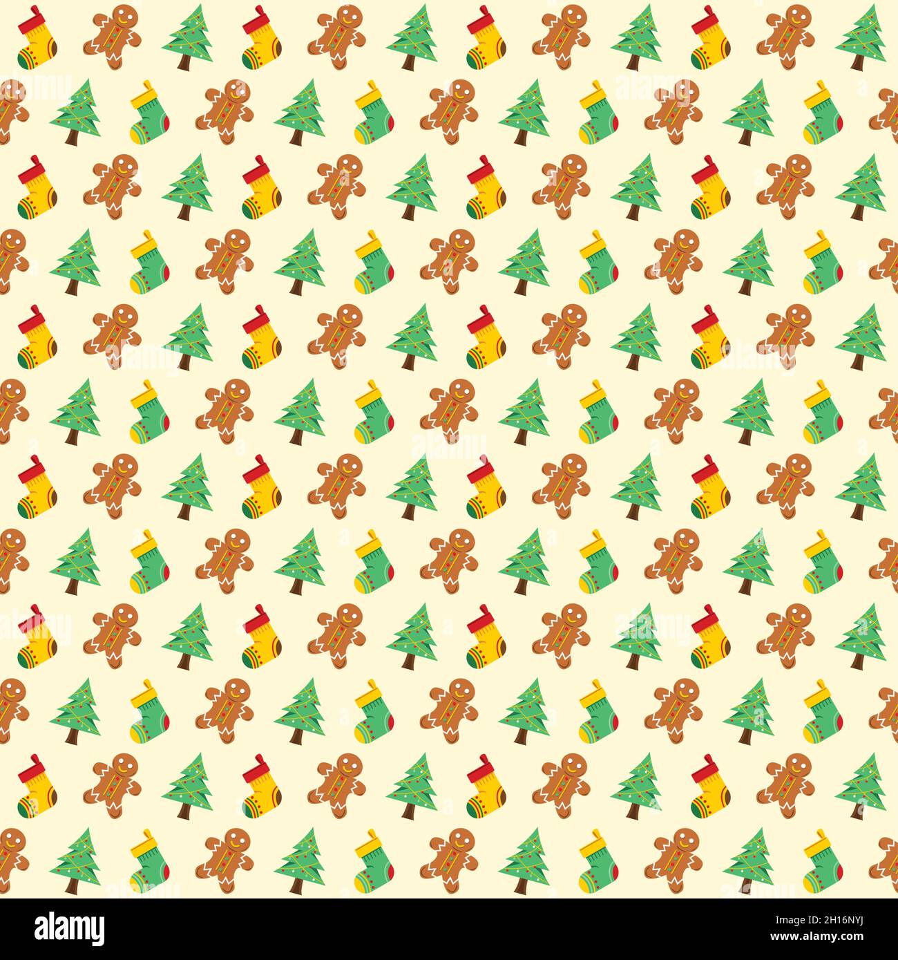Weihnachtstapete mit nahtlosen Musterelementen aus Lebkuchenmann, Kiefer und Strumpf. Stock Vektor