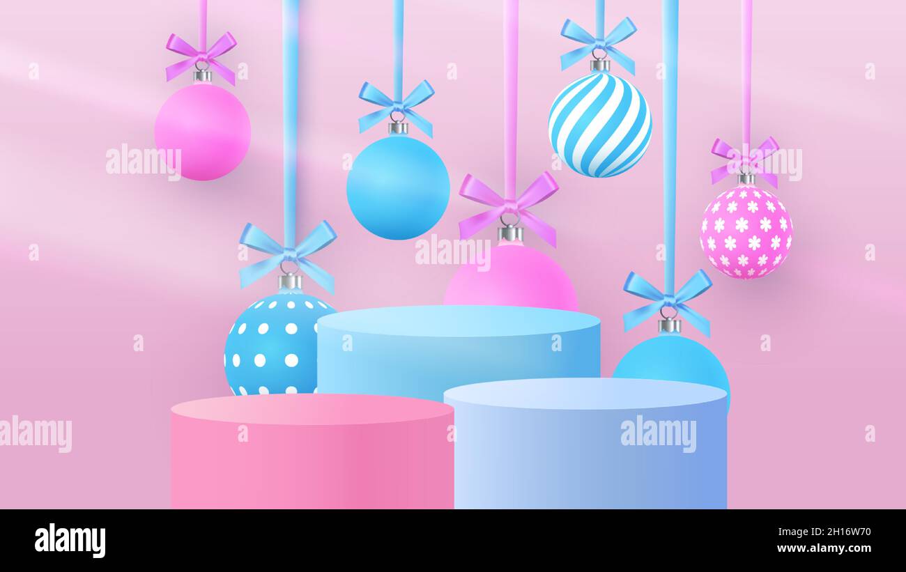 Weihnachtsszene auf einem rosa Hintergrund mit hängenden Weihnachtskugeln. Zylindrisches Podium für Produktpräsentation.Vektor Stock Vektor