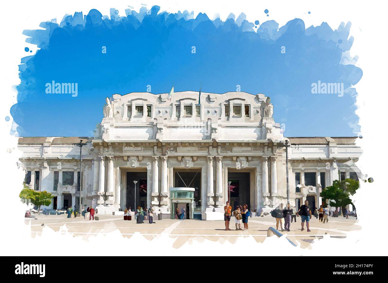 Aquarell Zeichnung von Mailand Milano Centrale stazione Bahnhof Hauptbahnhof alte Architektur Gebäude auf der Piazza Duca d'Aosta Platz mit blauem c Stockfoto