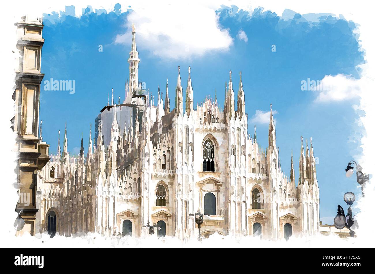 Aquarell-Zeichnung der Duomo di Milano Kathedrale Fassade mit weißen Wänden, Türmen, Stuckarbeiten und Stuckarbeiten auf der Piazza del Duomo Platz, blauer Himmel hintergr Stockfoto