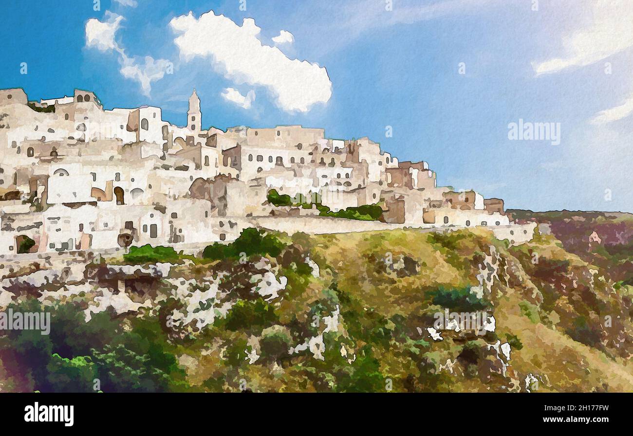 Aquarell Zeichnung von Matera Ansicht des historischen Zentrums Sasso Caveoso der alten antiken Stadt Sassi di Matera mit Felsenhöhlenhäusern, Europäische Hauptstadt von Cu Stockfoto