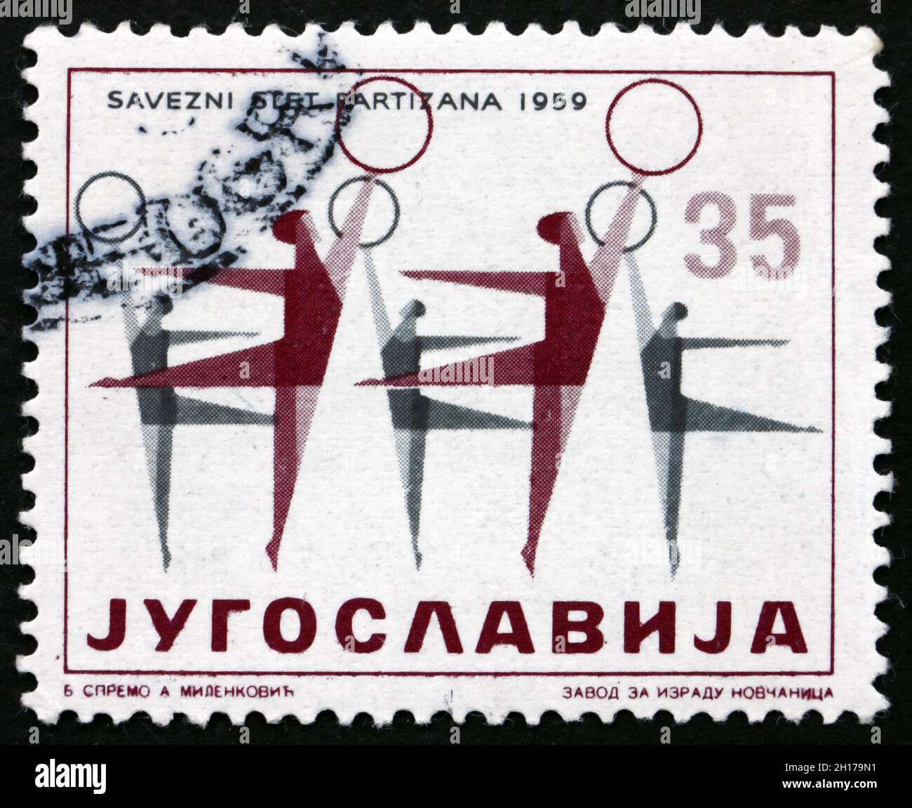 JUGOSLAWIEN - UM 1959: Eine in Jugoslawien gedruckte Briefmarke zeigt Frauen-Turnerinnen, Festival der körperlichen Kultur, um 1959 Stockfoto
