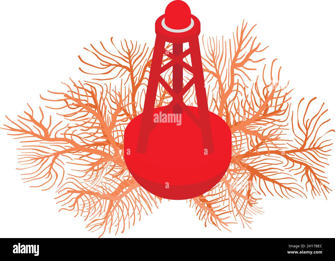 Isometrievektor für Symbol „Meer“. Korallenriff und rot schwebende Leuchtturmsymbol. Marinesymbol, Navigationsausrüstung Stock Vektor