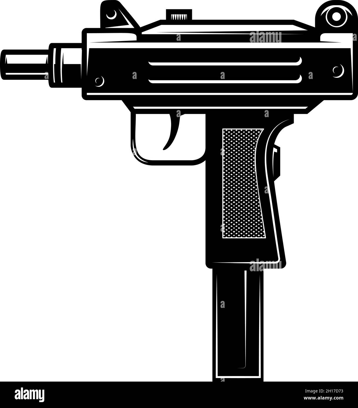 Illustration der automatischen Uzi-Pistole im monochromen Stil. Gestaltungselement für Logo, Etikett, Schild, Plakat. Vektorgrafik Stock Vektor
