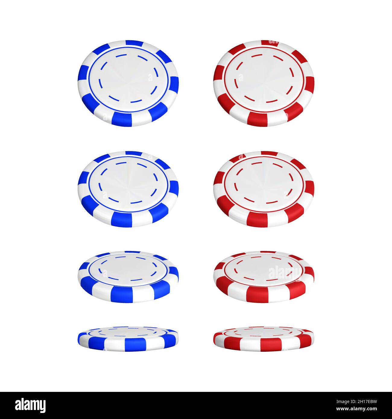 Poker-Chips in unterschiedlicher Position. Farbe rot und blau Casino-Chips isoliert auf weißem Hintergrund. Vektorgrafik Stock Vektor