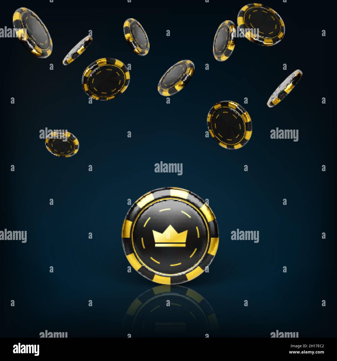 Fallende schwarze und goldene Pokerchips. Realistisches 3d Design Casino Chips isoliert auf weißem Hintergrund. Design-Element für Casino. Vektorgrafik Stock Vektor