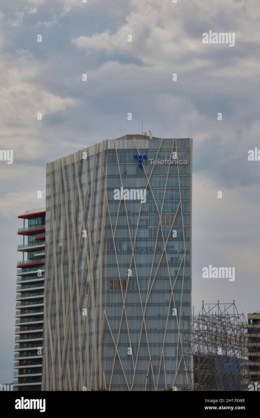 Diagonal Zero Tower, Hauptsitz der Telefonica Group in Barcelona, Katalonien, Spanien Stockfoto