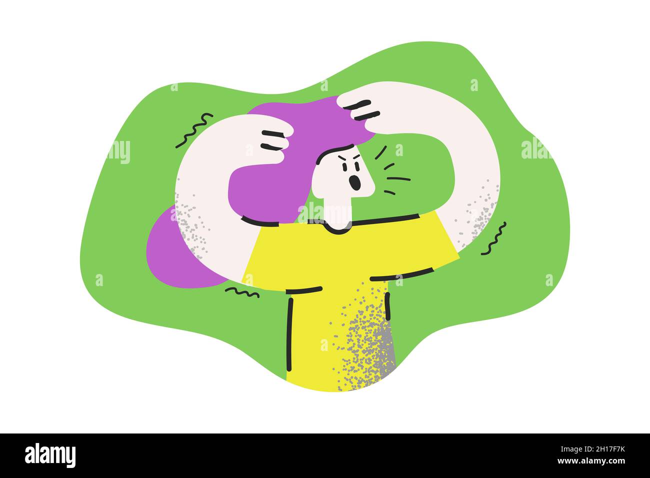 Junge wütend Frau Zeichentrickfigur isoliert auf einem grünen Hintergrund. Unglückliches Mädchen mit Händen am Kopf angehoben Gefühl negative Emotionen. Emotionaler Stress, Konflikt Ausdrücke Vektor-Konzept. Stock Vektor