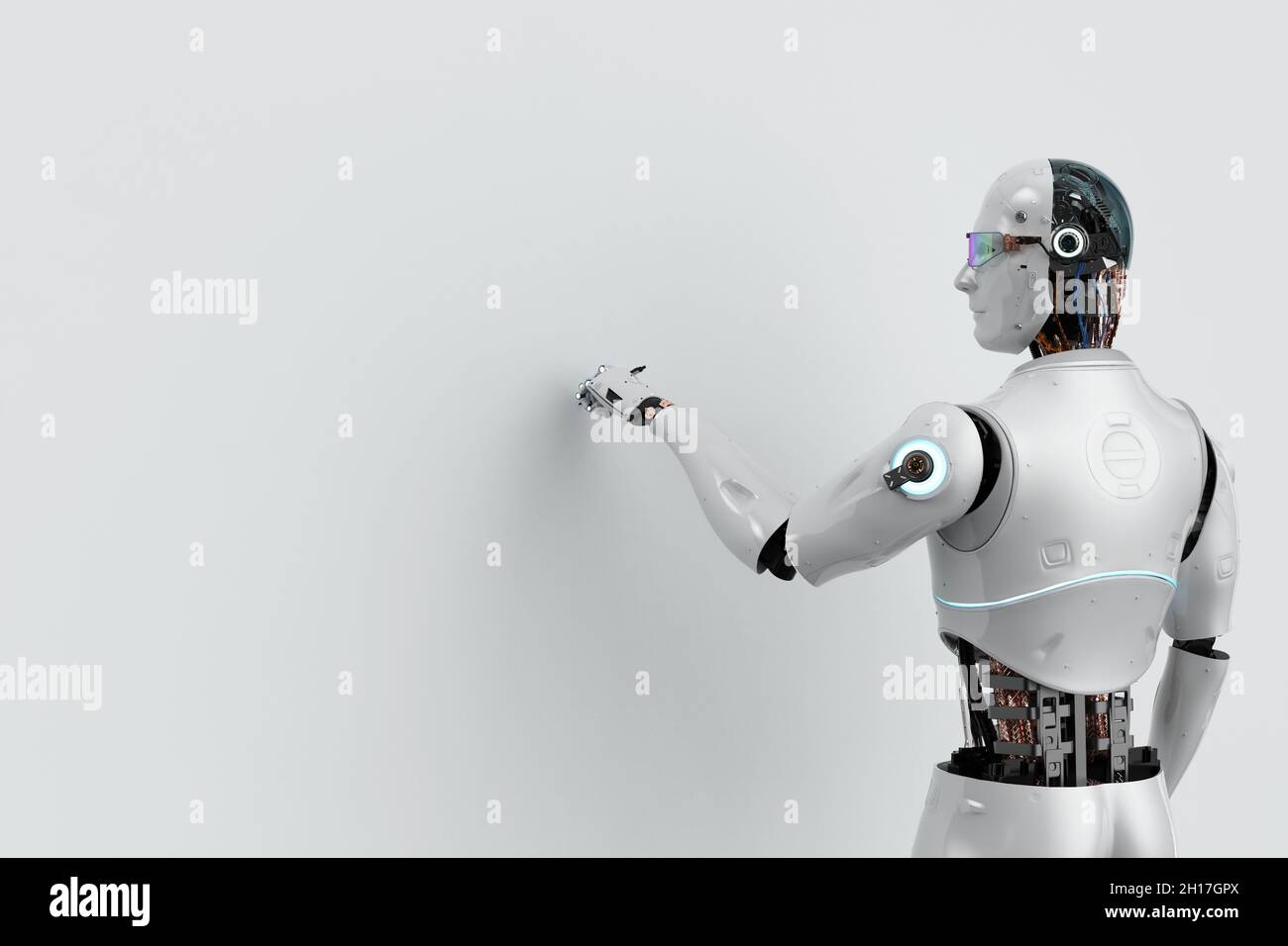 3d-Rendering-Roboter für künstliche Intelligenz oder Assistenzroboter mit leerem Board Stockfoto
