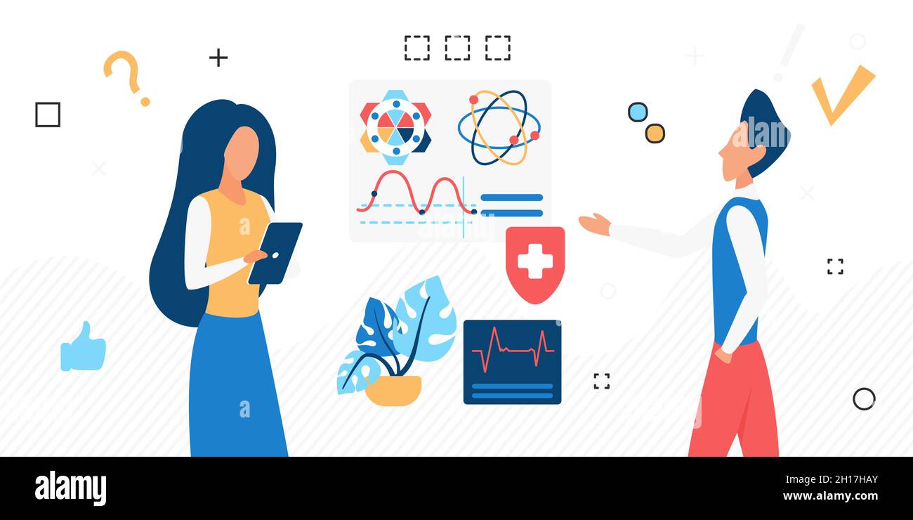 Flache Vektordarstellung einer Wissenschaftlerin mit einer Karikatur, die eine Tablette verwendet, während ein männlicher Kollege auf Diagramme mit medizinischen Daten zeigt. Suche nach Lösungen für Gesundheitsprojekt.. Stock Vektor