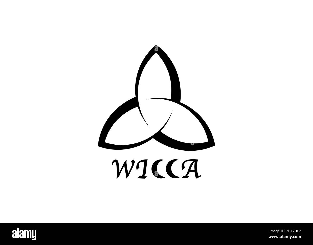 Triquetra Wicca Logo, schwarze Linie Hexerei Zeichen Zauberdruck mit Text, Vektor isoliert auf weißem Hintergrund. Esoterische Druckvorlage und Wiccan-Zeichen Stock Vektor