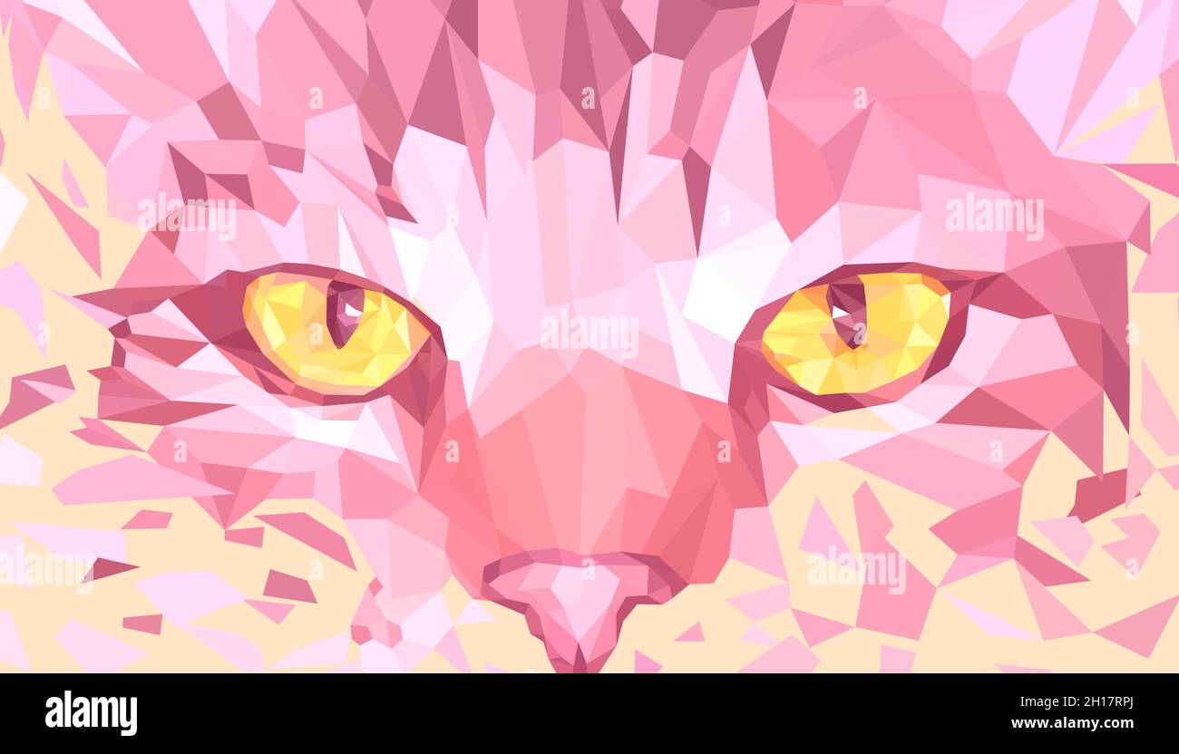 Kopf einer Ingwerkatze mit gelben Augen. Vektorbild des Blickes einer Katze im Stil eines polygonalen Mosaiks. Stock Vektor