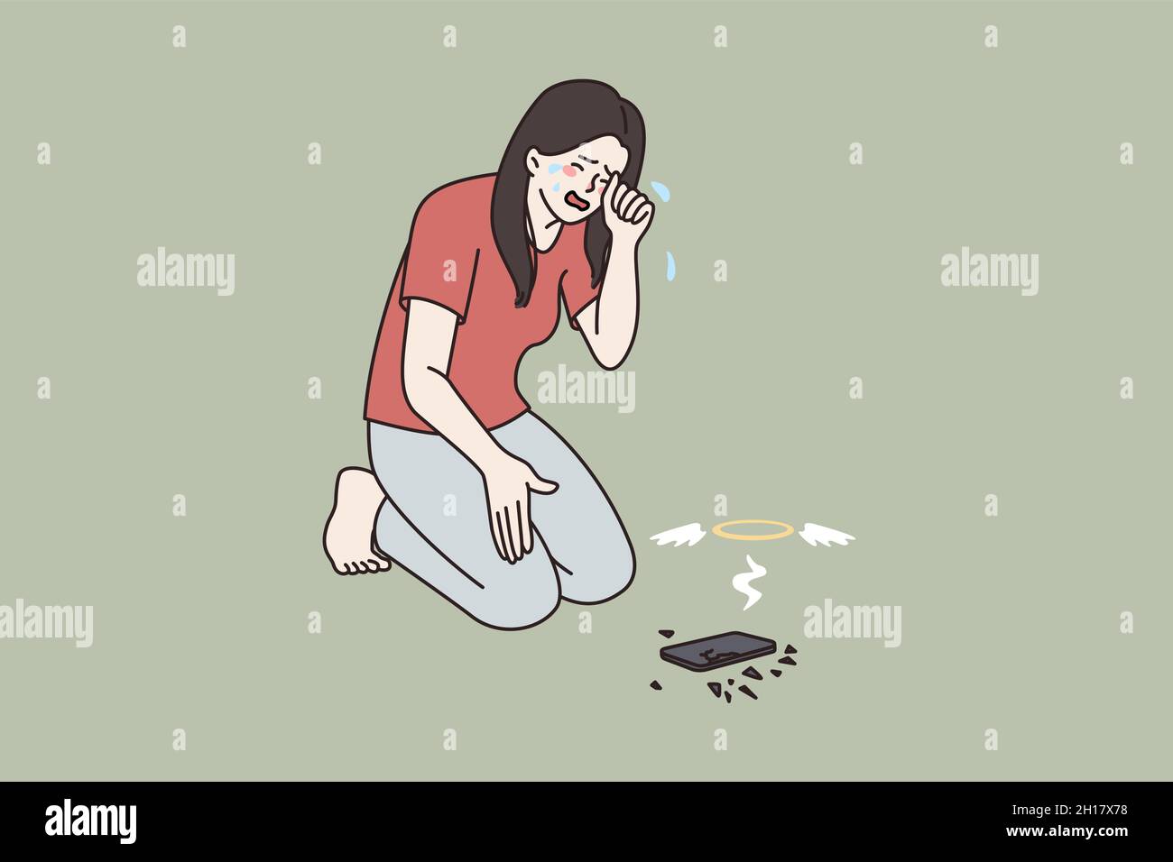 Verärgert Mädchen weinen über gebrochene moderne Smartphone-Gadget. Unglücklich verzweifelte Frau fühlen hysterische Verzweiflung gestresst mit Handy-Bruch. Abhängigkeit von Technologiegeräten. Flache Vektorgrafik. Stock Vektor