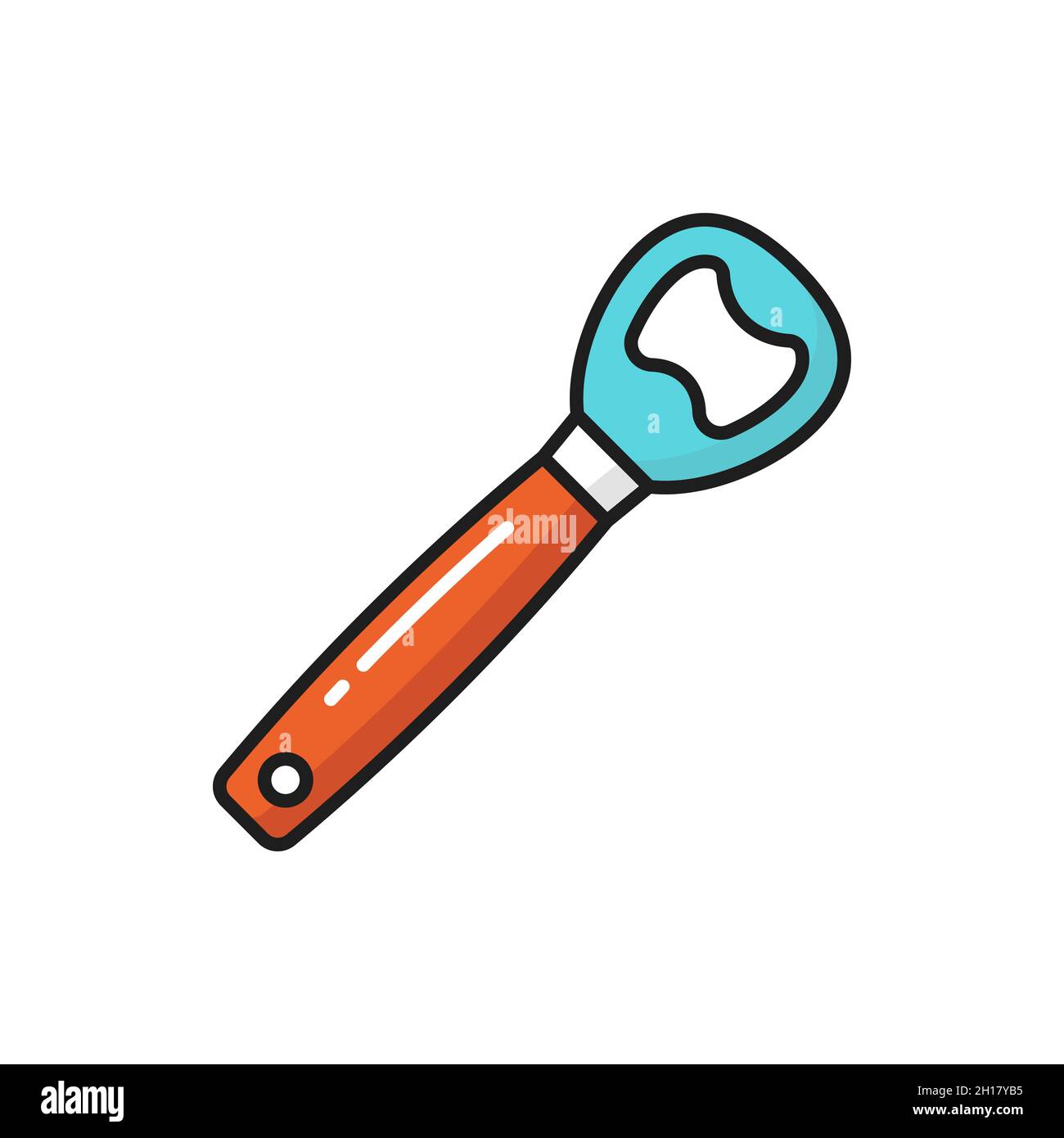 Edelstahl Flasche Pull Opener isoliert Farblinie Symbol. Vector Stahlgerät Küchengerät zum Öffnen von Getränken, Getränken, Metallöffner mit rotem Holz Stock Vektor