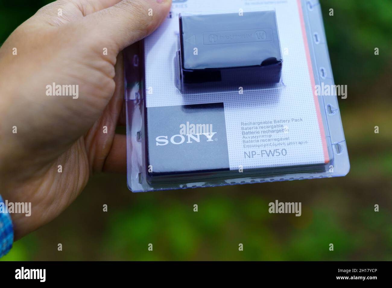 Volzhsky, Russland, 25. September 2021: Akku und Verpackung des Sony NP-FW50. Selektiver Fokus Stockfoto