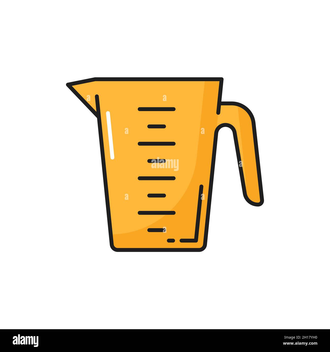 Messbecher gelbes Kochgeschirr mit isolierter Litern-Skala. Vector Behälterbecher für die Herstellung von Cocktails, Milliliter. Kanne mit Messskala, Set Stock Vektor
