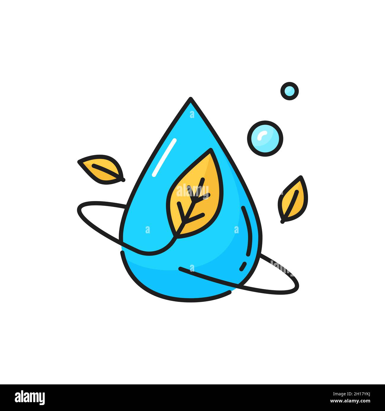 Natürlicher Duft Geschirrspüler Werbung Tropfen mit Pflanzenblatt isoliert dünne Linie Symbol. Vector Reinheitskonzept, Tropfen und Blätter in Bewegung. Wasser aqua Stock Vektor