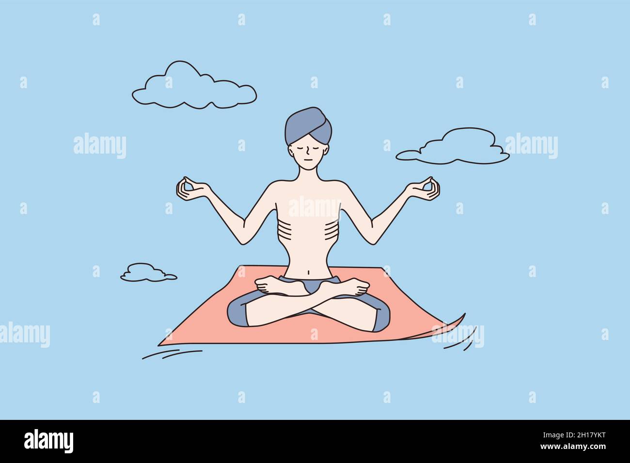 Yogi-Mann in Turban meditieren Yoga in Lotusposition Mudra Hände üben. Ruhiger indischer Guru-Lehrer hat Meditationssitzung, atmen frische Luft, lindern negative Emotionen. Vektorgrafik. Stock Vektor