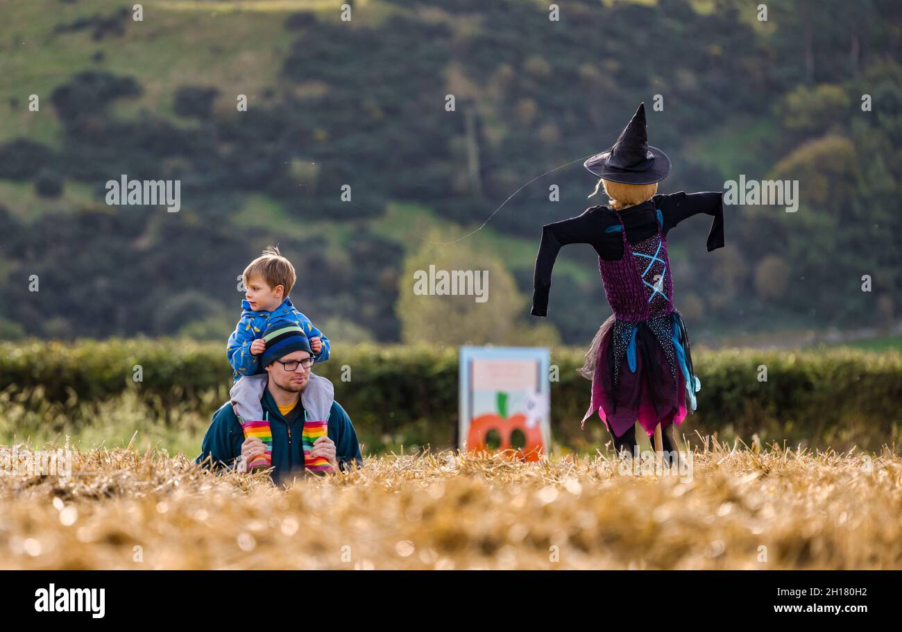 Ein kleiner Junge auf den Schultern seines Vaters in einem Heuballenlabyrinth an Halloween mit einer Hexe Kilduff Farm, East Lothian, Schottland, Großbritannien Stockfoto