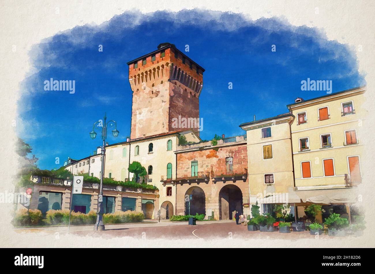 Aquarell-Zeichnung des Turms Porta Castello Torre und des Tores Terrazza Torrione im alten historischen Stadtzentrum von Vicenza, blauer Himmel Stockfoto