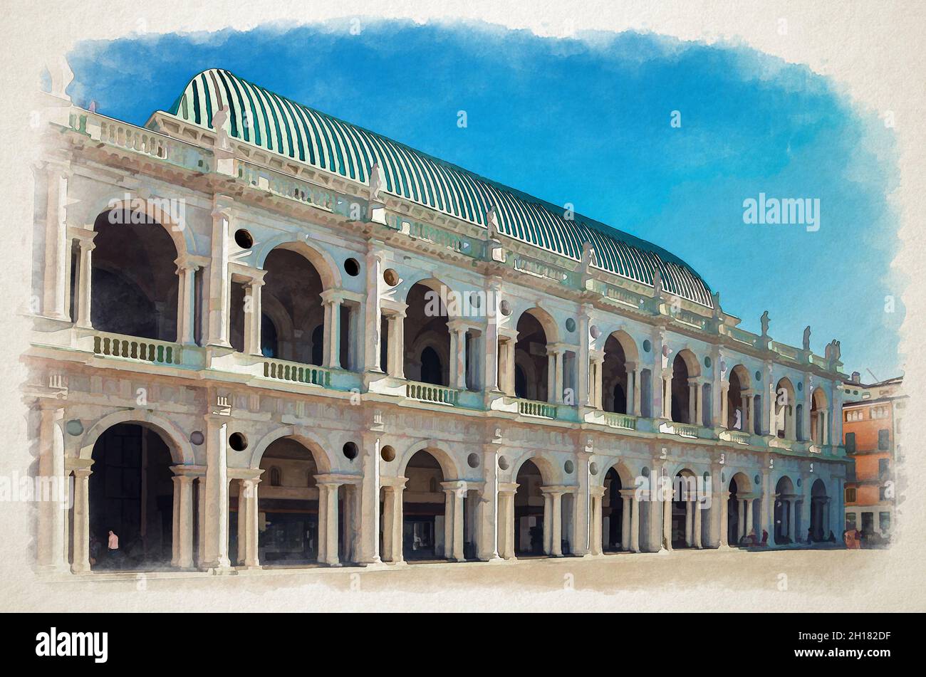Aquarell Zeichnung der Basilika Palladiana Renaissance-Gebäude mit Balkonen und Säulen auf der Piazza dei Signori Platz im alten historischen Stadtzentrum o Stockfoto