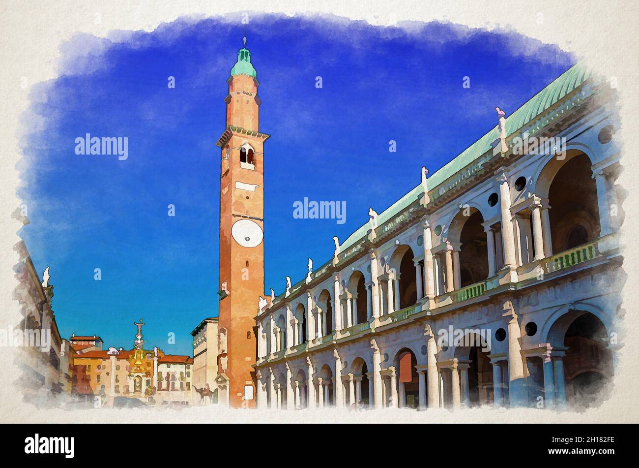 Aquarell-Zeichnung des Renaissance-Gebäudes der Basilika Palladiana, des Turms Torre Bissara und der Loggia del Capitaniato Lodge auf der Piazza dei Signori Stockfoto